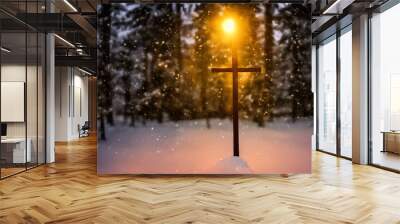 Realistic illustration of Christian cross outdoors in the snow, generative ai Wall mural