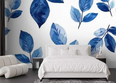 Seamless pattern of blue leaves with a floral design, capturing the essence of nature and the changing seasons Wall mural