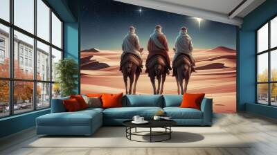 Three Travelers on Camels Journey Through a Serene Desert Under a Starry Night Sky. Generative AI Wall mural