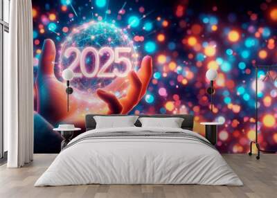 2025, A hand is holding a glowing object with the number of lights on it Wall mural