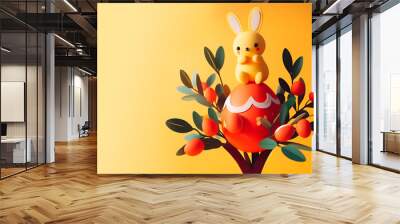 Easter egg and rabbit on a tree branch on a yellow background Wall mural