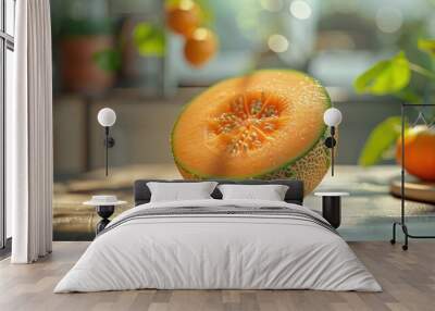 a close-up of a honeydew melon with a slice cut out revealing the fruit inside. Wall mural