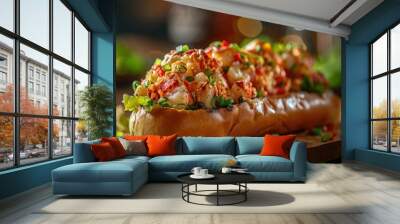 A close-up of a hot dog garnished with different condiments such as sauce, cheese and other spices. Wall mural