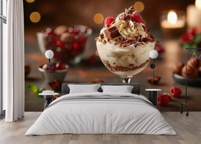 A dessert topped with raspberries, whipped cream, and a sprinkle of chocolate. Wall mural