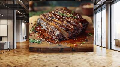 a large piece of meat sitting on top of a wooden cutting board Wall mural