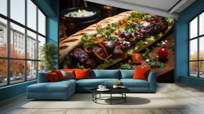 A long, generously filled Greek souvlaki sandwich with meat, cheese, and vegetables. Served on a pita bread. Wall mural