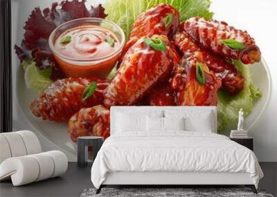 a white plate topped with wings and lettuce Wall mural