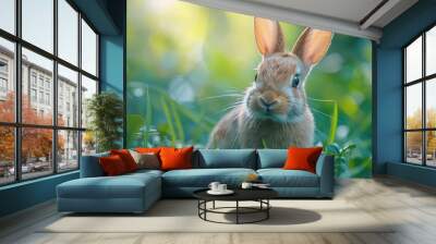 Adorable bunny sitting in the grass, looking at the camera with a curious expression. Wall mural