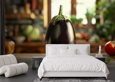 An eggplant on a table in a kitchen setting. Wall mural