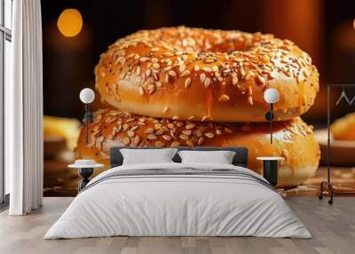 bagels bread with sprinkled sugar and sesame seeds on wooden table background blur Wall mural