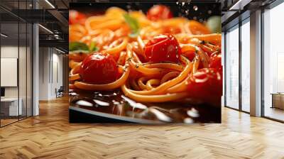 close up delicious spaghetti full of spices, black and blur background Wall mural