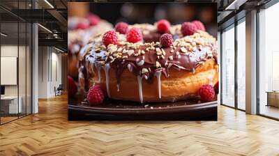 Closeup sweet donuts filled with melted chocolate and sprinkles with a blurred background Wall mural