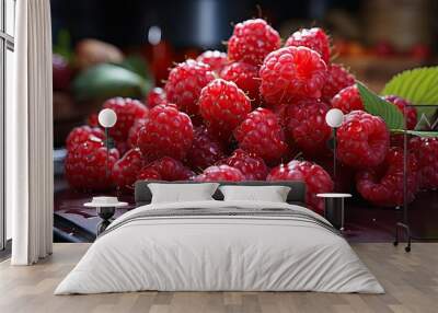 Delicious fresh raspberries on blur background Wall mural