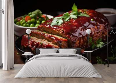 delicious meatloaf with vegetable topping, black and blurred background Wall mural