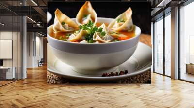 Elegant Serenity, A Bowl of Asian Wonton Soup with Fresh Garnish Wall mural