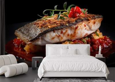 food photo of acqua pazza barramundi with blur background complete composition Wall mural