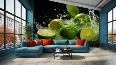 Fresh green limes splashed with water on black and blurred background Wall mural