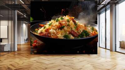 Fried rice with chopped vegetables and meat on a plate with a blurry background Wall mural