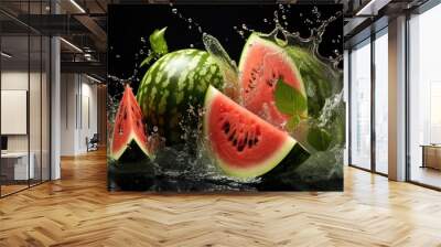 Front view fresh cut water melon splashed with black background and blur Wall mural