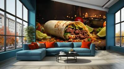 full of burritos with vegetables and meat on a wooden table with blurred background Wall mural