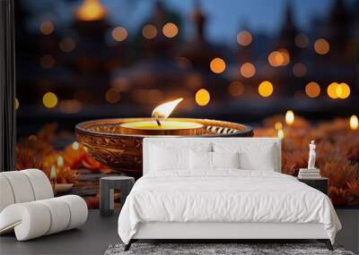 happy diwali background with burning candles, dark and blurred background Wall mural