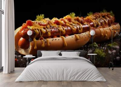 hotdog with a large sausage filled with melted mayonnaise and a sprinkling of chopped greens Wall mural