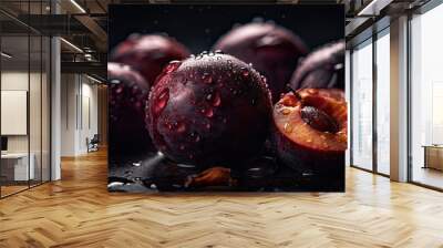 Plum hit by splashes of water with black blur background Wall mural