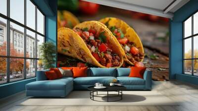 three tacos with meat, tomatoes and cilantro on a wooden table Wall mural