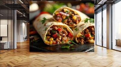 two beef burrito wraps on a wooden table, garnished with cilantro. Wall mural