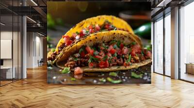 Two delicious tacos with beef and tomatoes, garnished with fresh herbs and topped with salsa. Wall mural