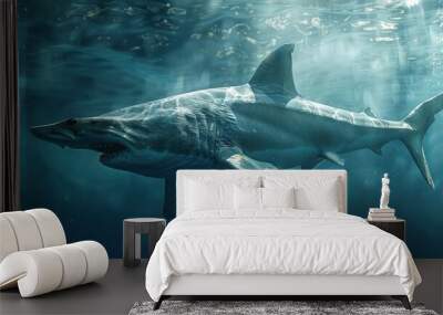 Two great white sharks, possibly a male and female, Wall mural