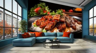 white rice with teriyaki beef and cut vegetables on a plate with black and blurry background Wall mural