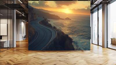 Coastal road at sunset sea and cliffs view Wall mural