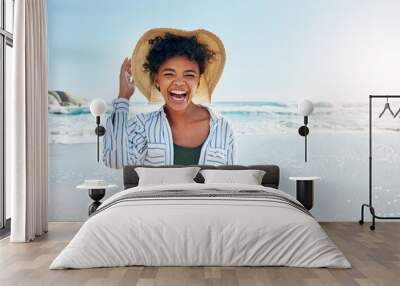 Beach, summer and portrait of black woman with smile on holiday, vacation and weekend by ocean. Travelling lifestyle, nature and happy girl laugh, relaxing and enjoying adventure, freedom and fun Wall mural