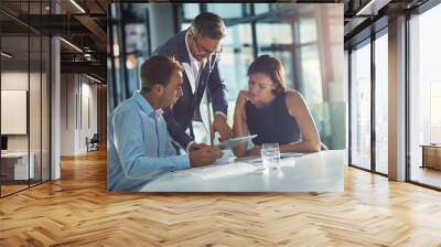 Meeting, planning and business people with tablet in office for marketing strategy, ideas and online project. Teamwork, collaboration and managers sitting at desk for goals, target and our vision Wall mural