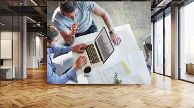 Laptop statistics, communication and business people teamwork on data analysis, accounting or research. Bar graph, cooperation and top view of collaboration team working on chart analytics review Wall mural