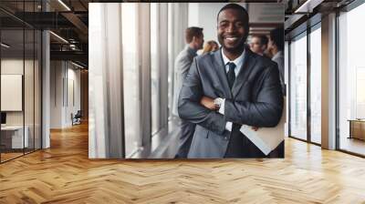 Professional black man in business, smile in portrait and leadership, corporate lawyer in meeting. Businessman in conference room, happy male person with collaboration in company and management Wall mural