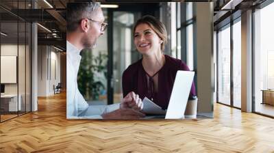 Their ambition says it all. a businessman and businesswoman using a laptop and having a discussion in a modern office. Wall mural