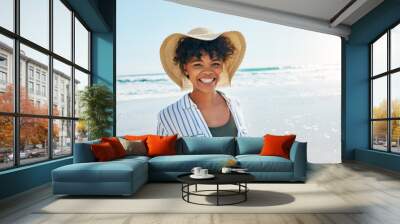 Woman, face portrait and summer at the beach for a vacation, travel or holiday with a smile. African female person at sea with happiness, freedom and positive mindset to relax outdoor Wall mural