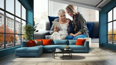 Yay I got some likes. a senior woman and her daughter using a digital tablet together. Wall mural