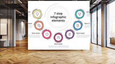 Business process chart infographic with 7 step circles. Circular corporate workflow graphic elements. Company flowchart presentation slide template. Vector info graphic design. Wall mural