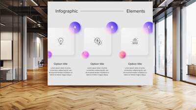 Business process chart infographics with 3 step squares. Corporate workflow graphic elements. Company flowchart presentation slide. Vector info graphic in glassmorphism design. Wall mural