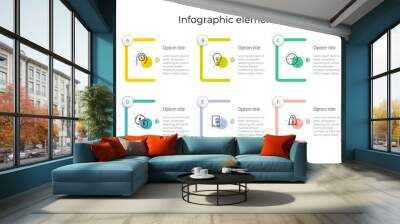 Business process chart infographics with 6 step rectangles. Rectangular corporate workflow graphic elements. Company flowchart presentation slide template. Vector info graphic design. Wall mural