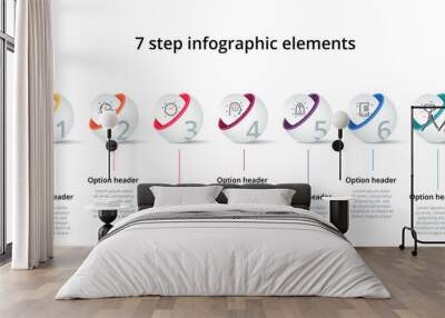 Business process chart infographics with 7 step circles. Circular corporate workflow graphic elements. Company flowchart presentation slide template. Vector info graphic design. Wall mural