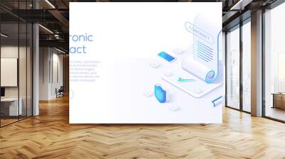 Electronic contract or digital signature concept in isometric vector illustration. Online document sign via smartphone or laptop. Website or webpage layout template. Wall mural