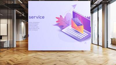 Email service isometric vector illustration. Electronic mail message concept as part of business  marketing. Webmail or mobile service layout for website landing header. Newsletter sending background. Wall mural