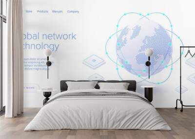 Global network technology in isometric vector illustration. World internet connection or social media online communication concept. Web banner layout template. Wall mural