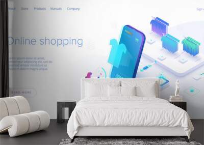 Online shopping or e-commerce isometric vector illustration. Internet store checkput procedure concept with smartphone and bag. Credit card payment transaction via app. Wall mural