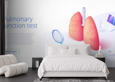 Pulmonary function test illustration in isometric vector design. Pulmonology theme image with doctor analyzing lungs on monitor. Respiratory medical diagnostics. Web banner layout template. Wall mural