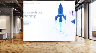 Startup coaching and mentorship concept in isometric vector illustration. Business start up team launching rocket with computer and server. Creative web banner layout template design. Wall mural